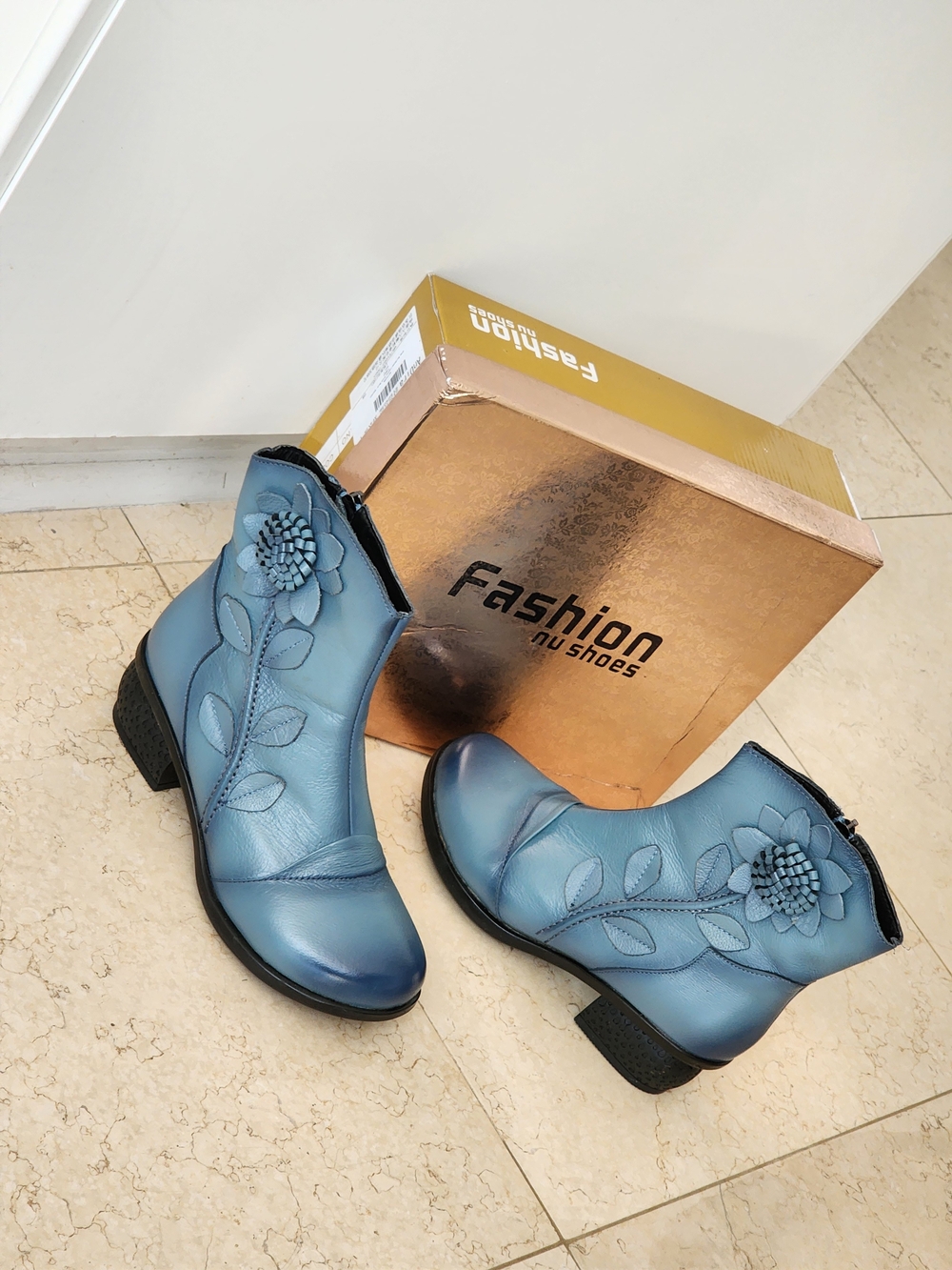 Blue Floral Leather Ankle Booties